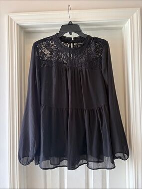 Torrid Black Lace Yoke Chiffon Blouse Size 1 Long Sleeve Sheer Boho Top